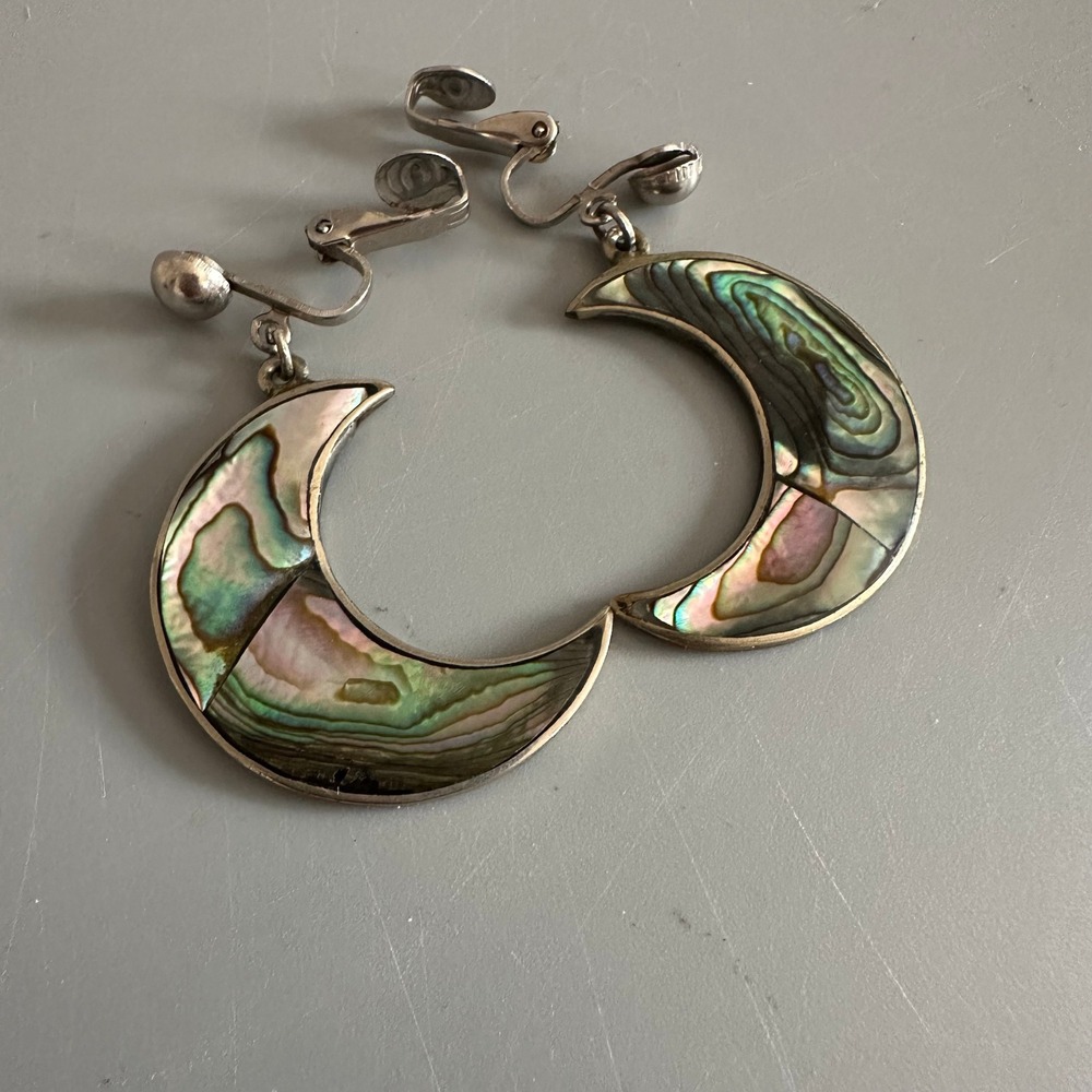 Vintage Alpaca Mexico Abalone Inlay Crescent Moon Clip On Earrings Statement